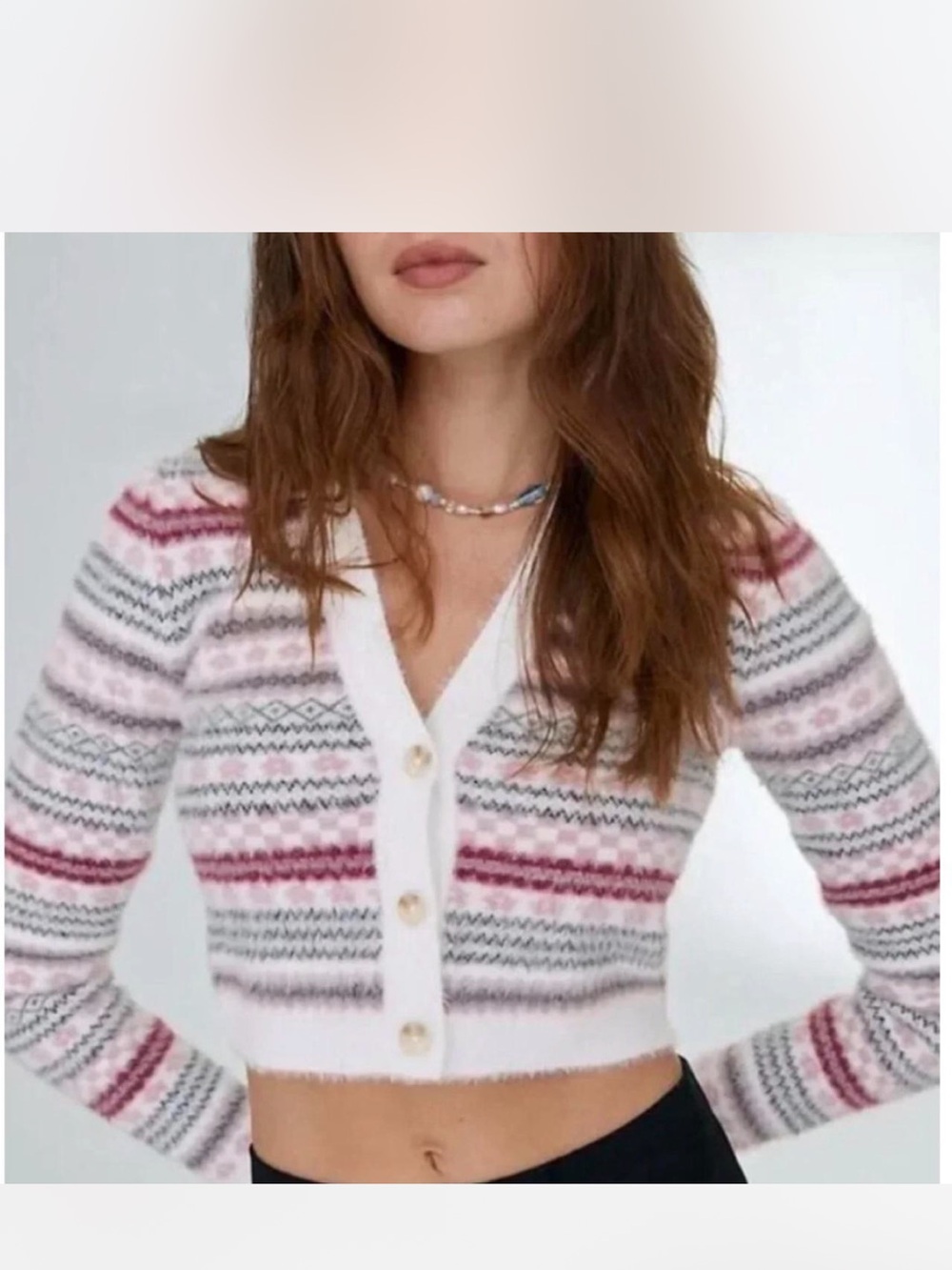 Wilfred Cropped Striped Knit Cardigan in Pink and Gray